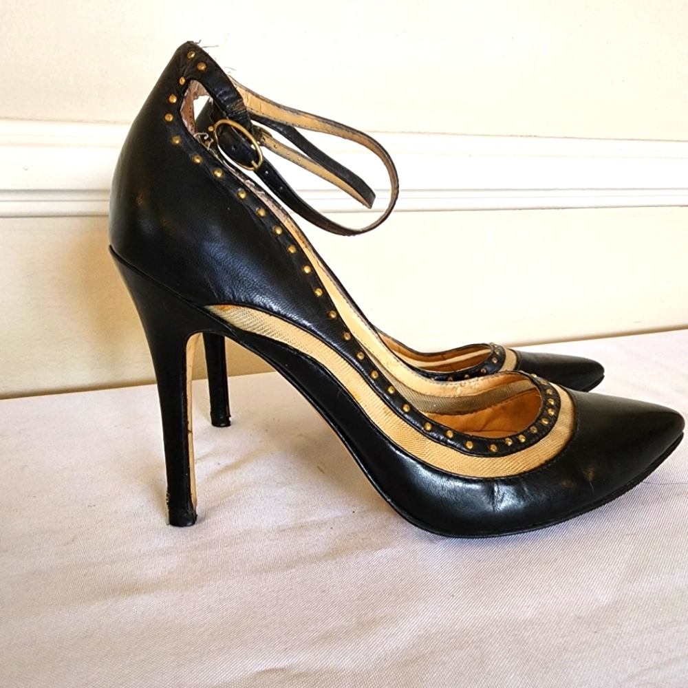 Levity Black Pointy Toe Ankle Strap Heels with Gold Hardware Size 8.5